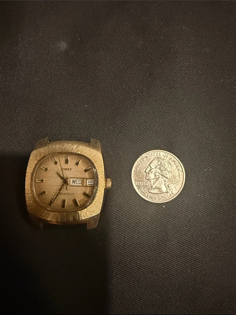 VTG 70s Timex Cushion Watch Automatic Day Date Gold Tone Striped Sunburst